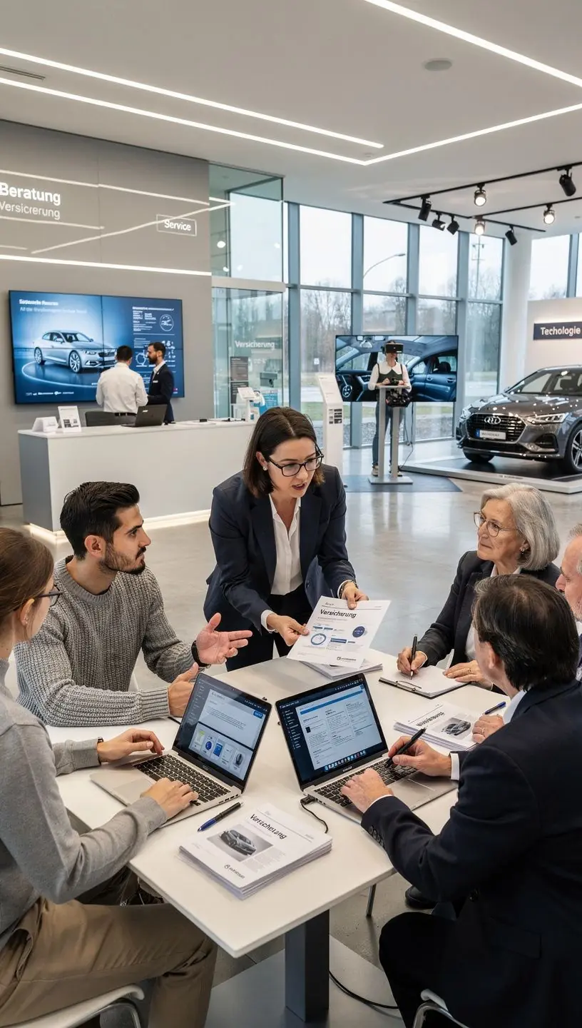 Übersichtstafel zeigt verschiedene Kfz-Versicherungstarife und technische Serviceangebote.