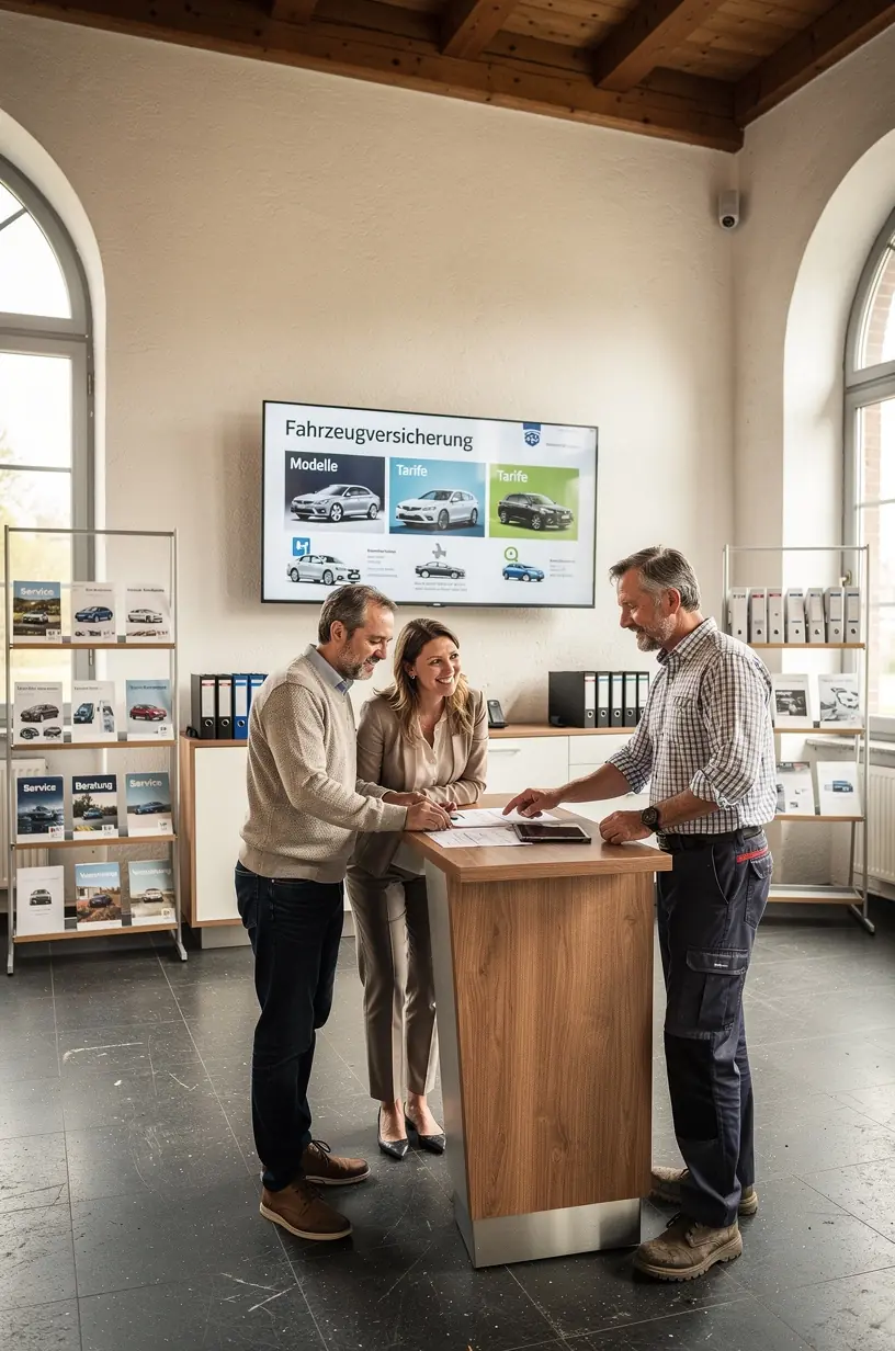 Team von Fachleuten analysiert Fahrzeugdaten am Computer zur Optimierung von Versicherungsschutz.