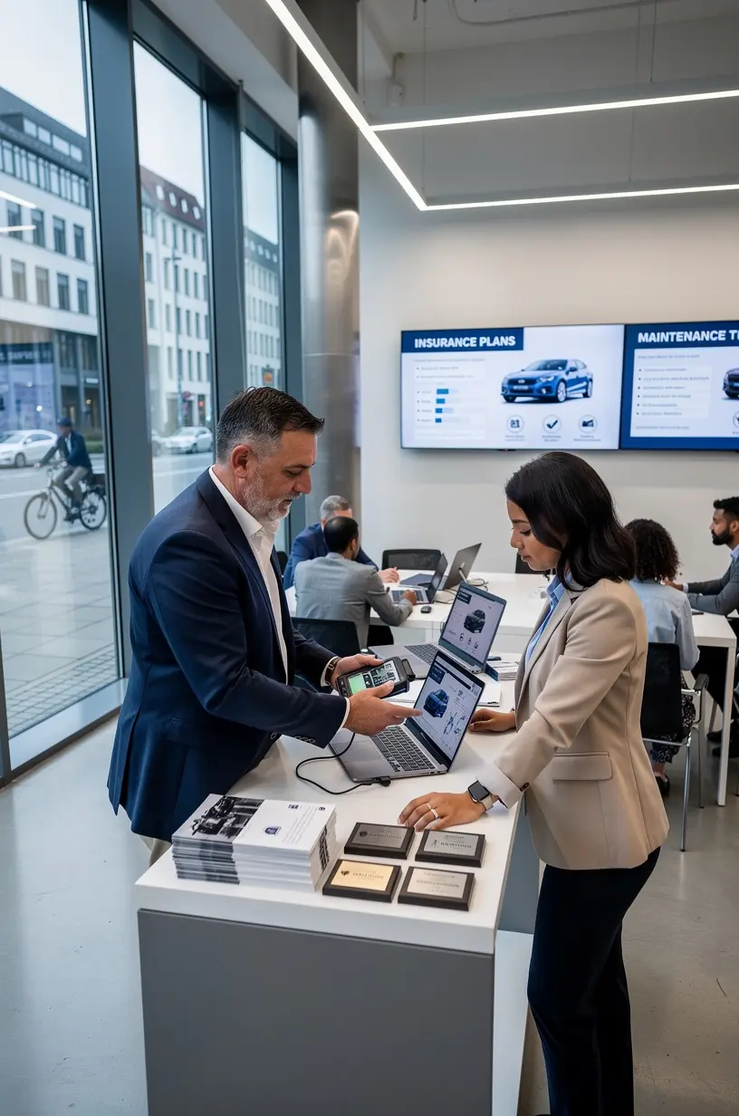 Versicherungsexperte bespricht Autoversicherungsoptionen mit Kunden in professionellem Umfeld.